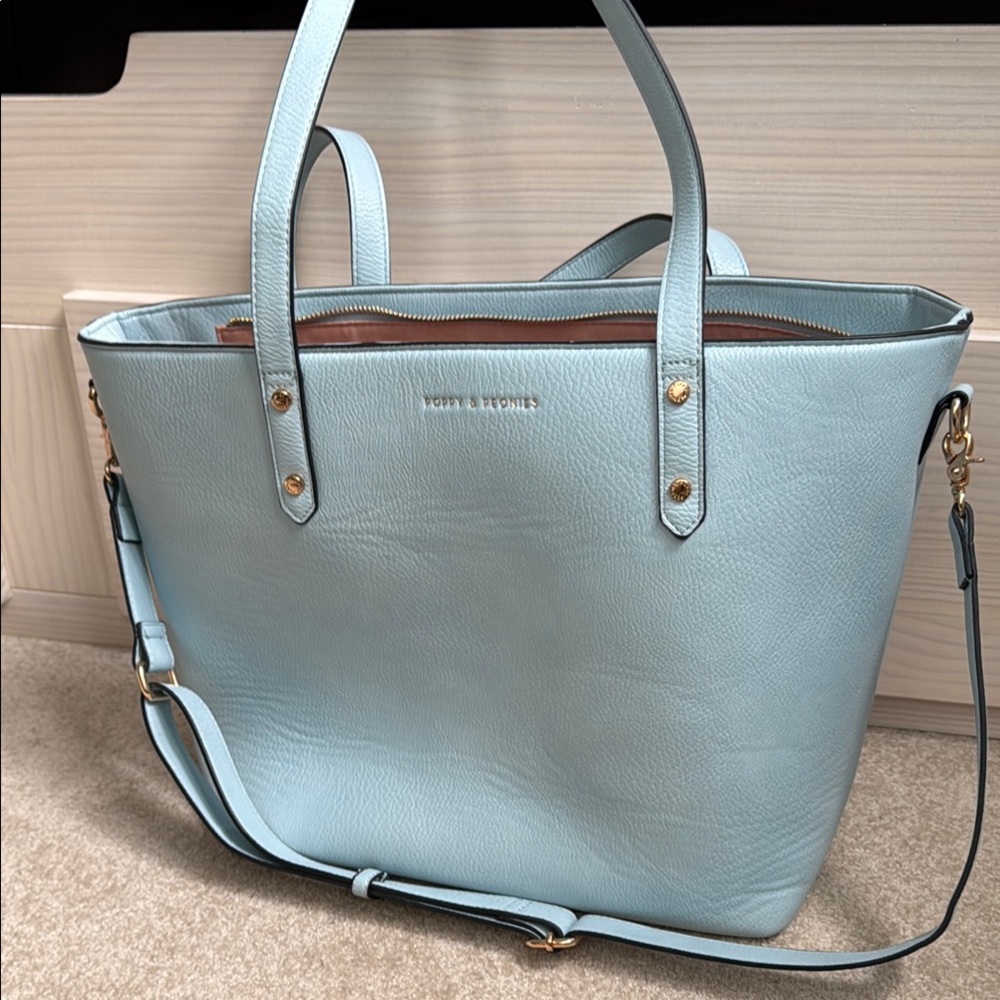 Poppy & Peonies Blue Tote with Adjustable Strap and Minimalist Design
